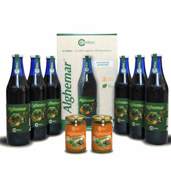 Kit ALGHEMAR frullato da bere con succo di mirtillo nero (confezione con Patè, 6 bottiglie + 2 vasetti)